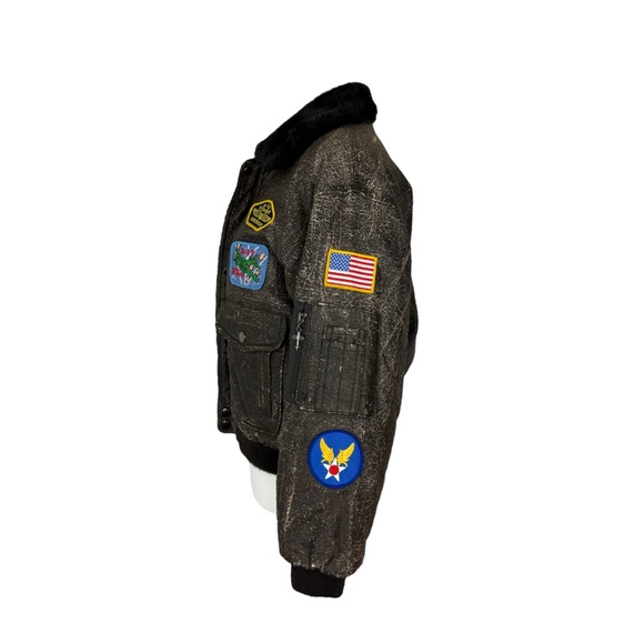 WII Style Bomber Jacket Boys XL (12-14) Brown Distressed Patches Flight Coat. - Picture 4 of 8